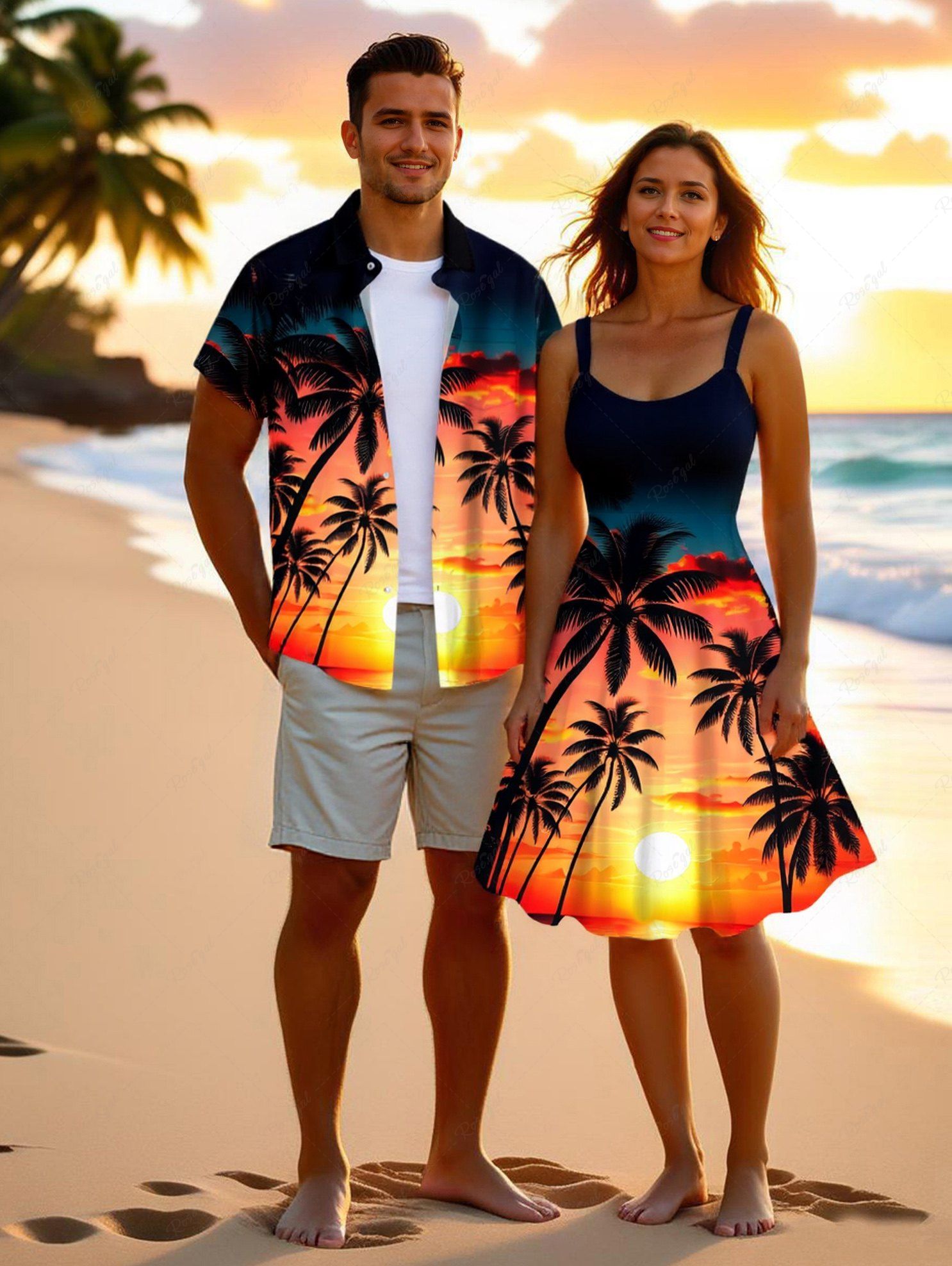 Tenue de plage hawaïenne assortie grande taille à imprimé cocotier, soleil, crépuscule, pour couples Noir 