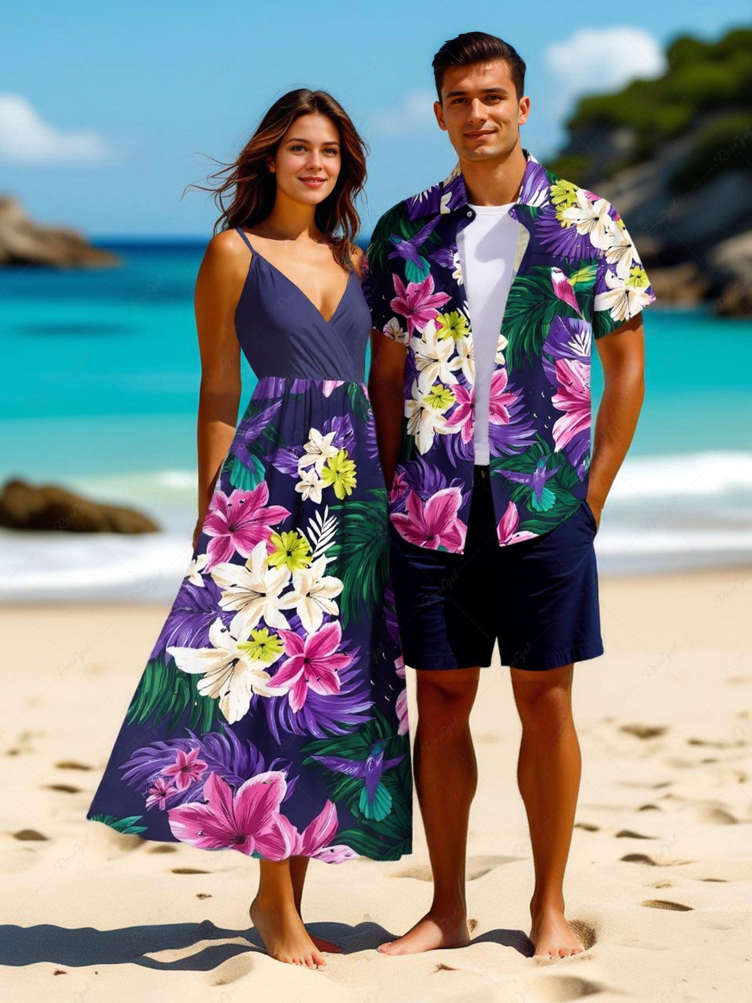 Tenue de plage hawaïenne assortie grande taille à imprimé feuilles tropicales, lys, fleurs et oiseaux pour couples Pourpre  