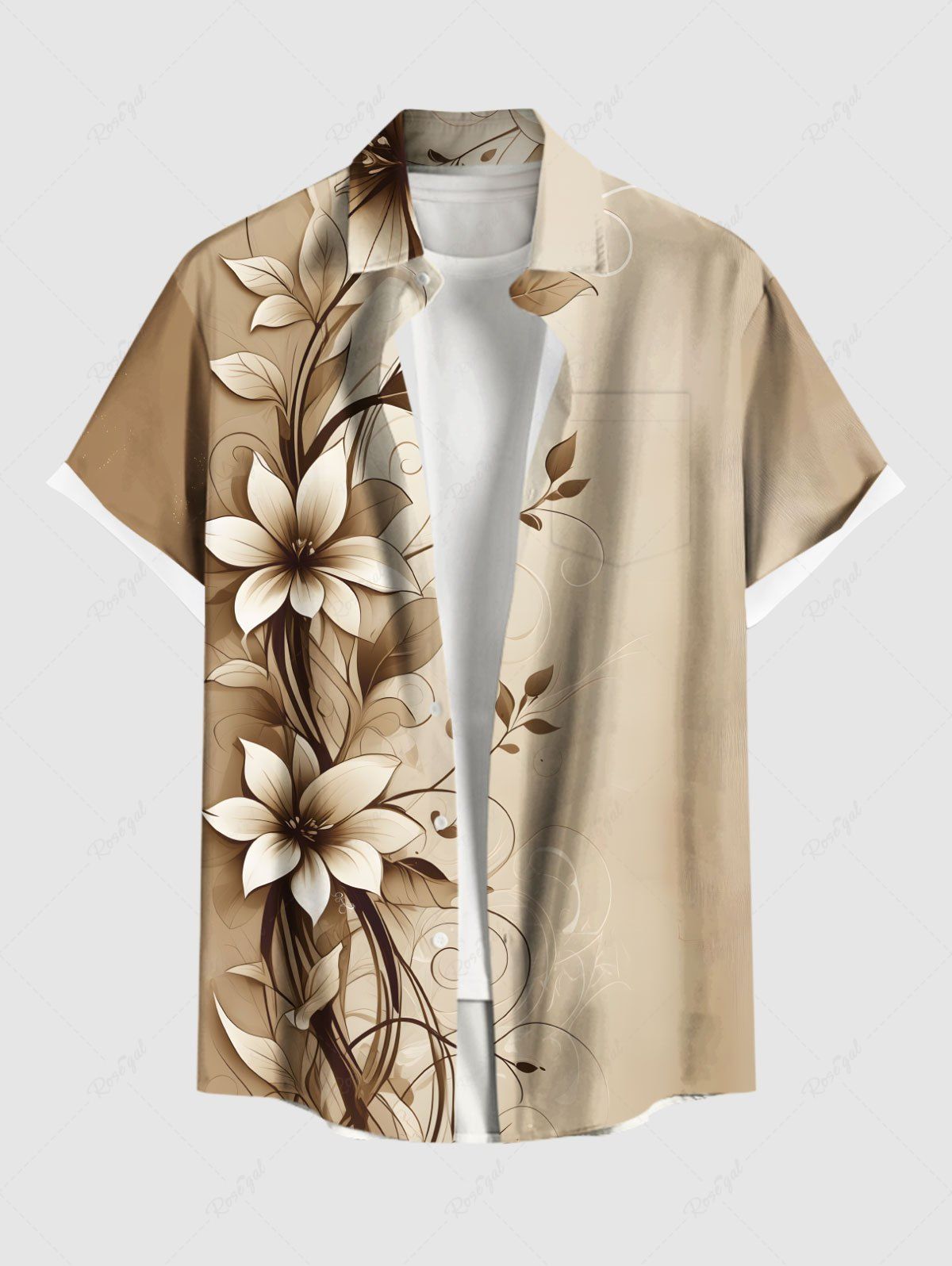 Outfits Plus Size Ombre Floral Branch Curve Print Hawaii Button Pocket Shirt For Men  