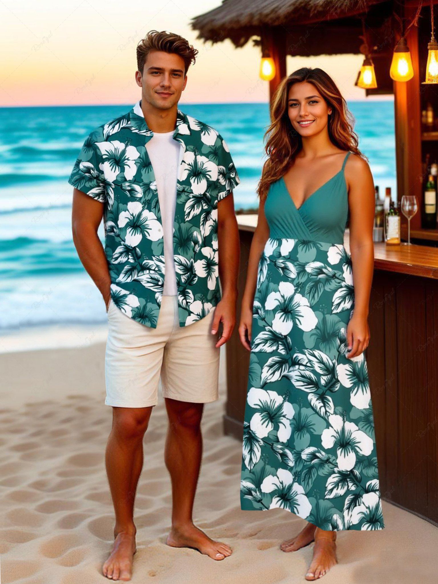 Best Tropical Leaf Hibiscus Flower Print Plus Size Matching Hawaii Beach Outfit For Couples  