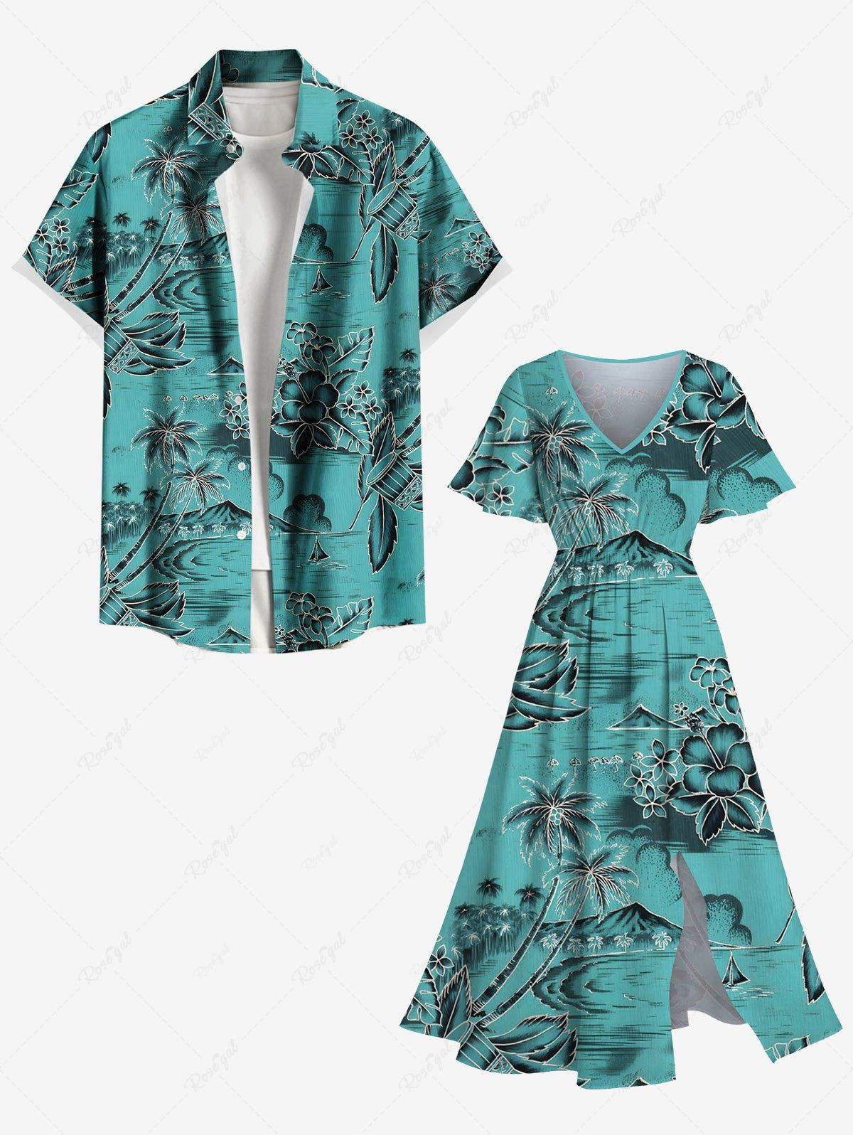 Tenue de plage hawaïenne assortie grande taille à imprimé cocotier et hibiscus pour couple Vert 
