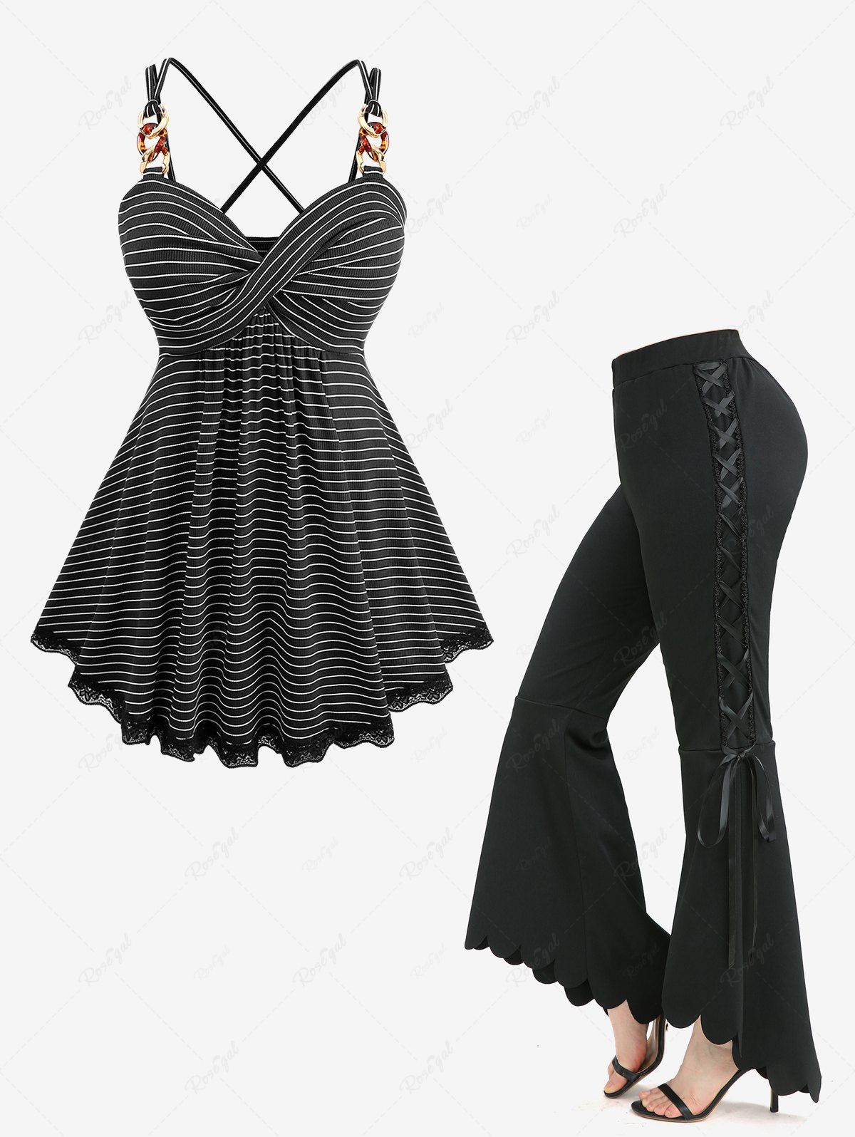 Discount Striped Twist Crisscross Strappy Backless Top and Lace Up Scalloped Hem Asymmetric Flare Pants Plus Size Outfit  
