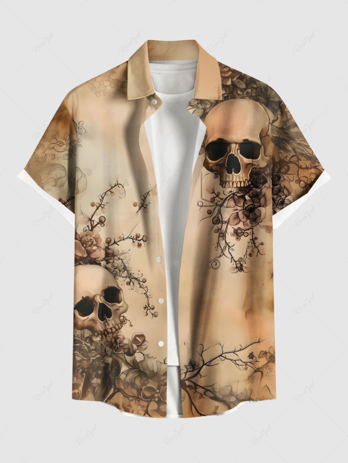 Cheap Plus Size Skulls Flowers Leaf Print Buttons Pocket Hawaii Shirt For Men  