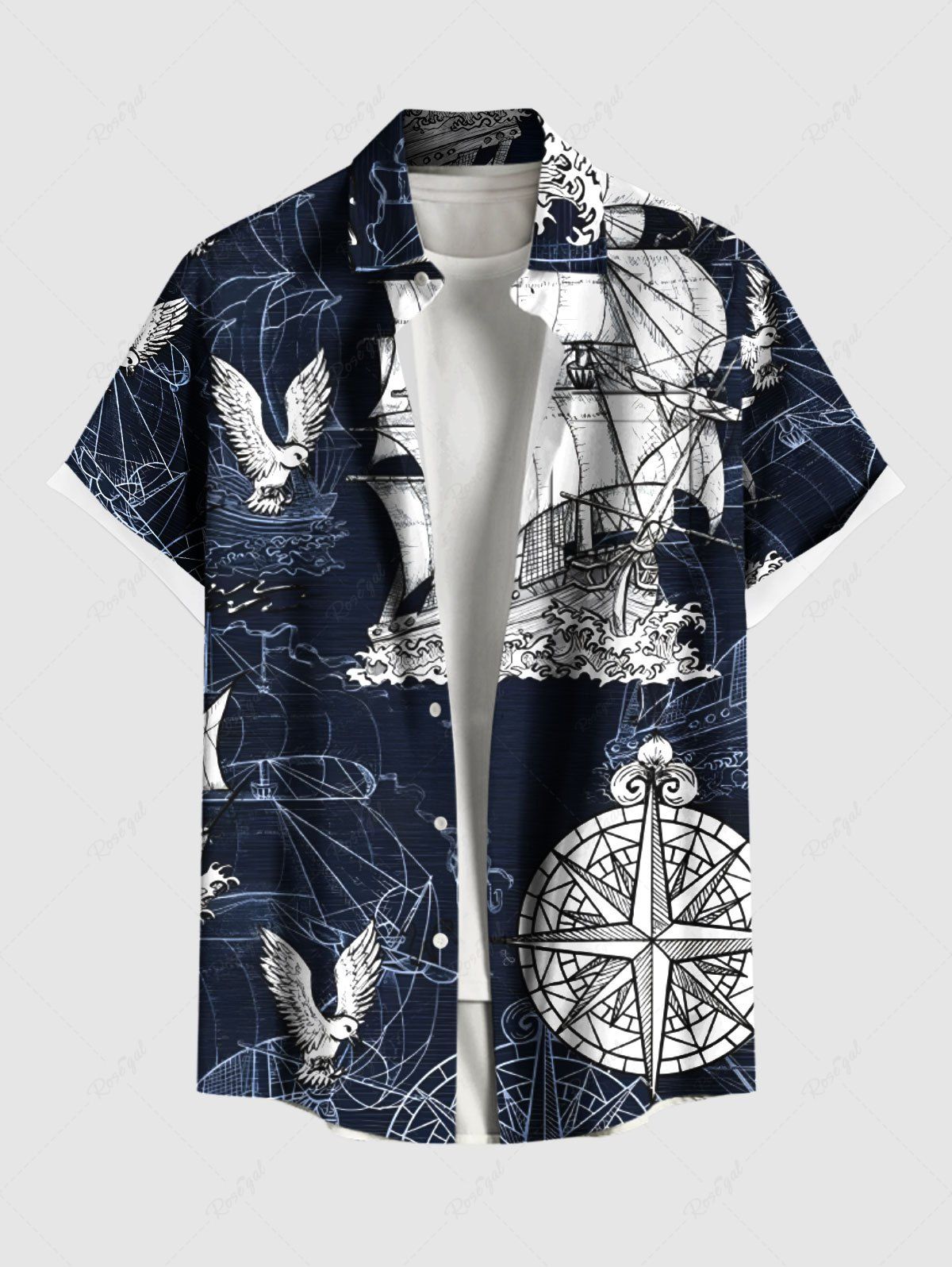 Chemise hawaïenne grande taille à boutons et poches, motif aigle, gouvernail de croisière, pour homme Bleu profond 2XL