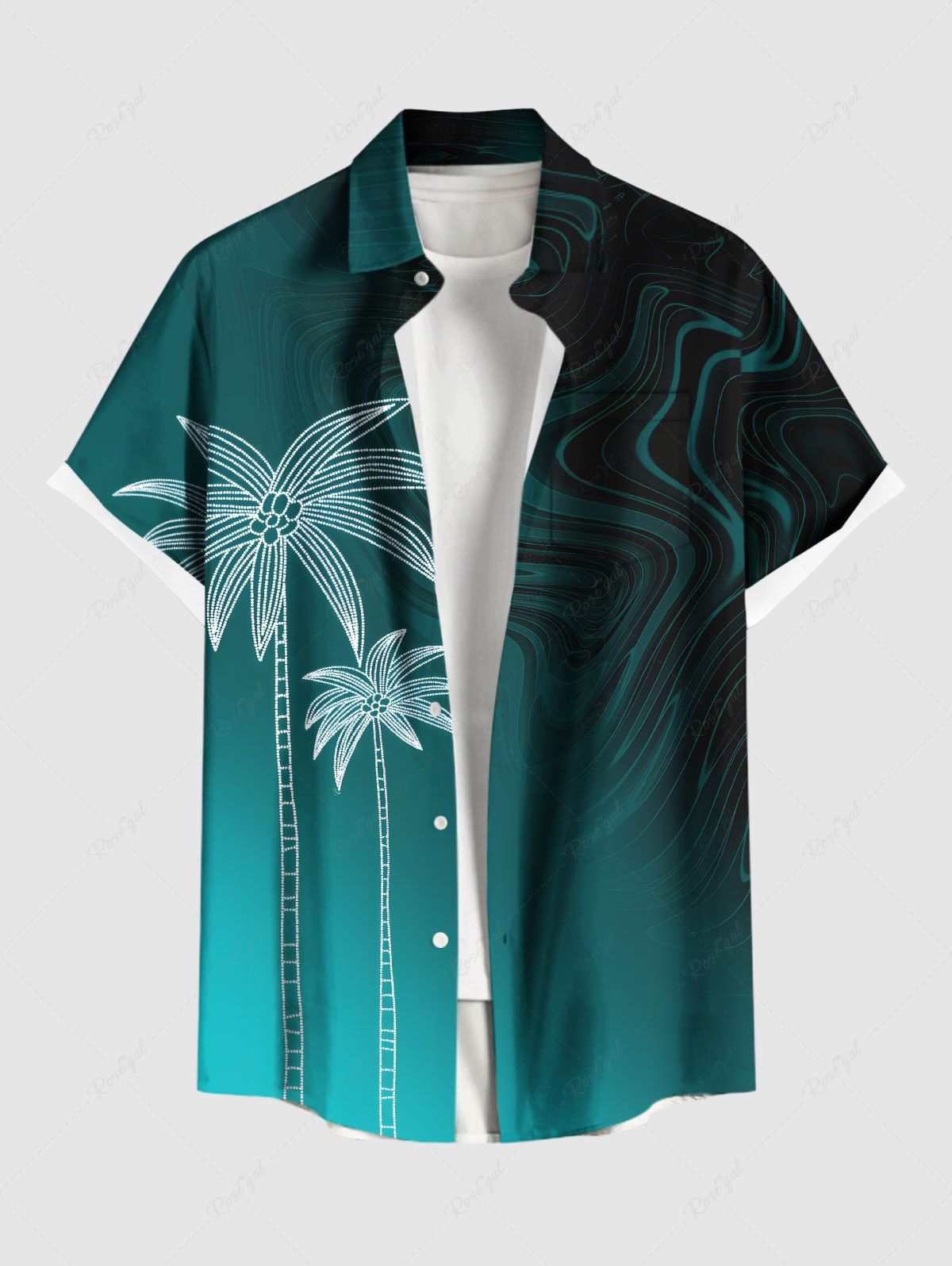 Discount Plus Size Coconut Tree Ocean Currents Print Buttons Pocket Hawaii Shirt For Men  