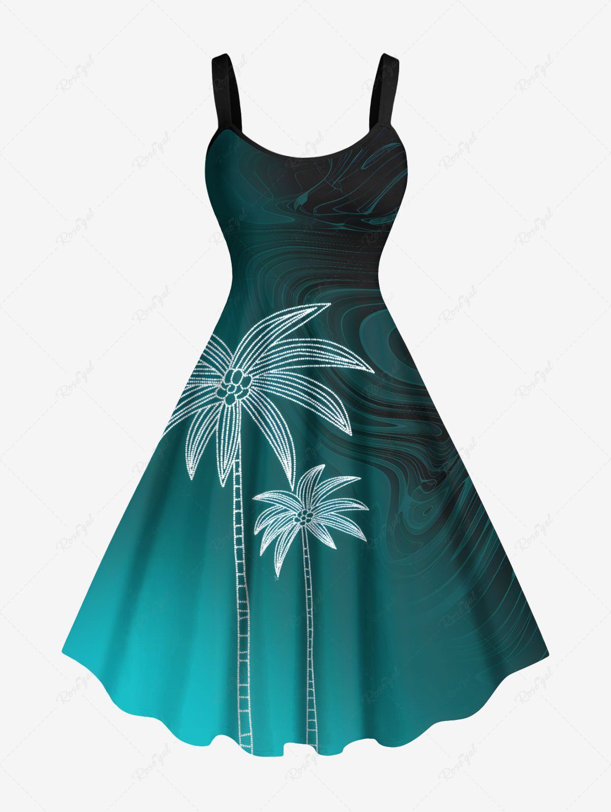 Robe débardeur hawaïenne grande taille à imprimé cocotiers et courants océaniques Vert profond 6X