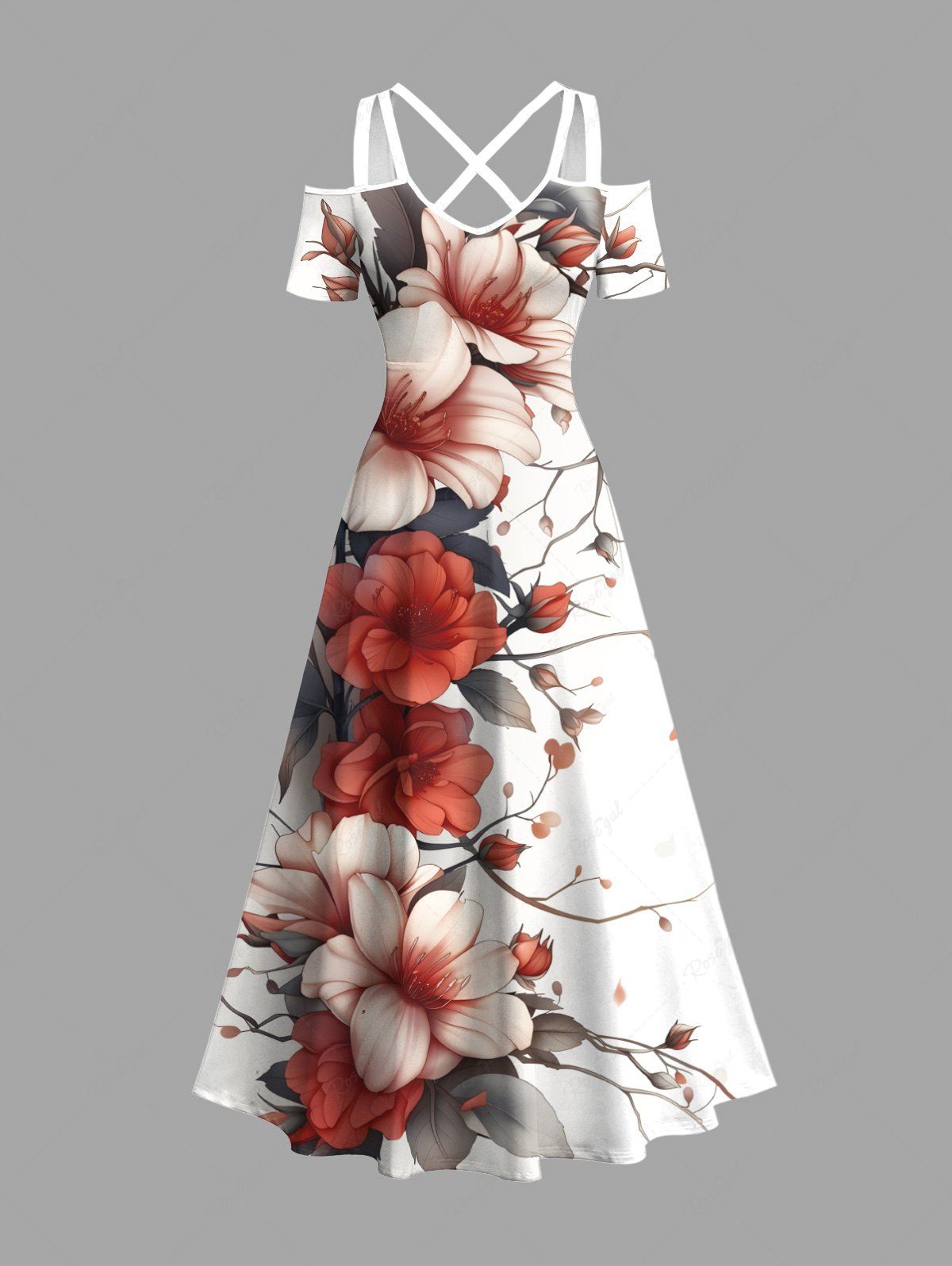 Shop Plus Size Flowers Leaf Print Cold Shoulder Crisscross Hawaii Maxi Dress  