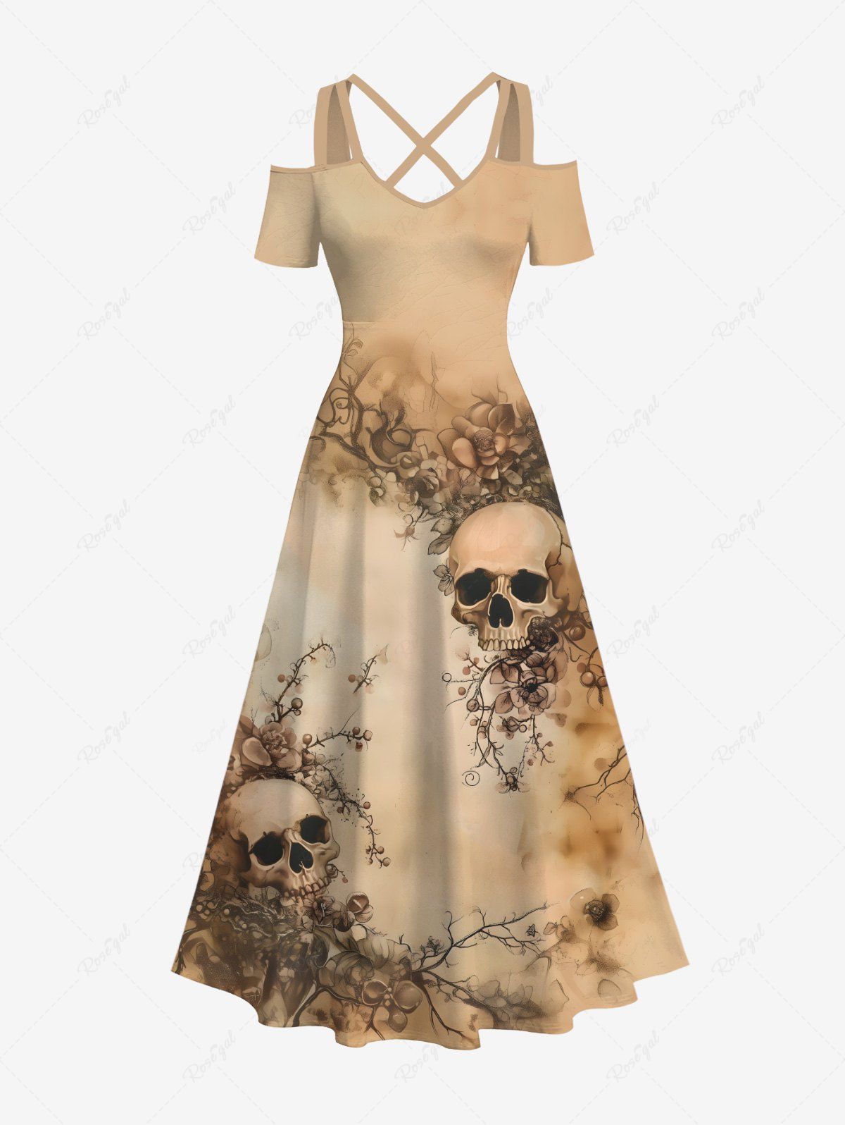 Unique Plus Size Skulls Flowers Leaf Print Cold Shoulder Crisscross Hawaii Maxi Dress  
