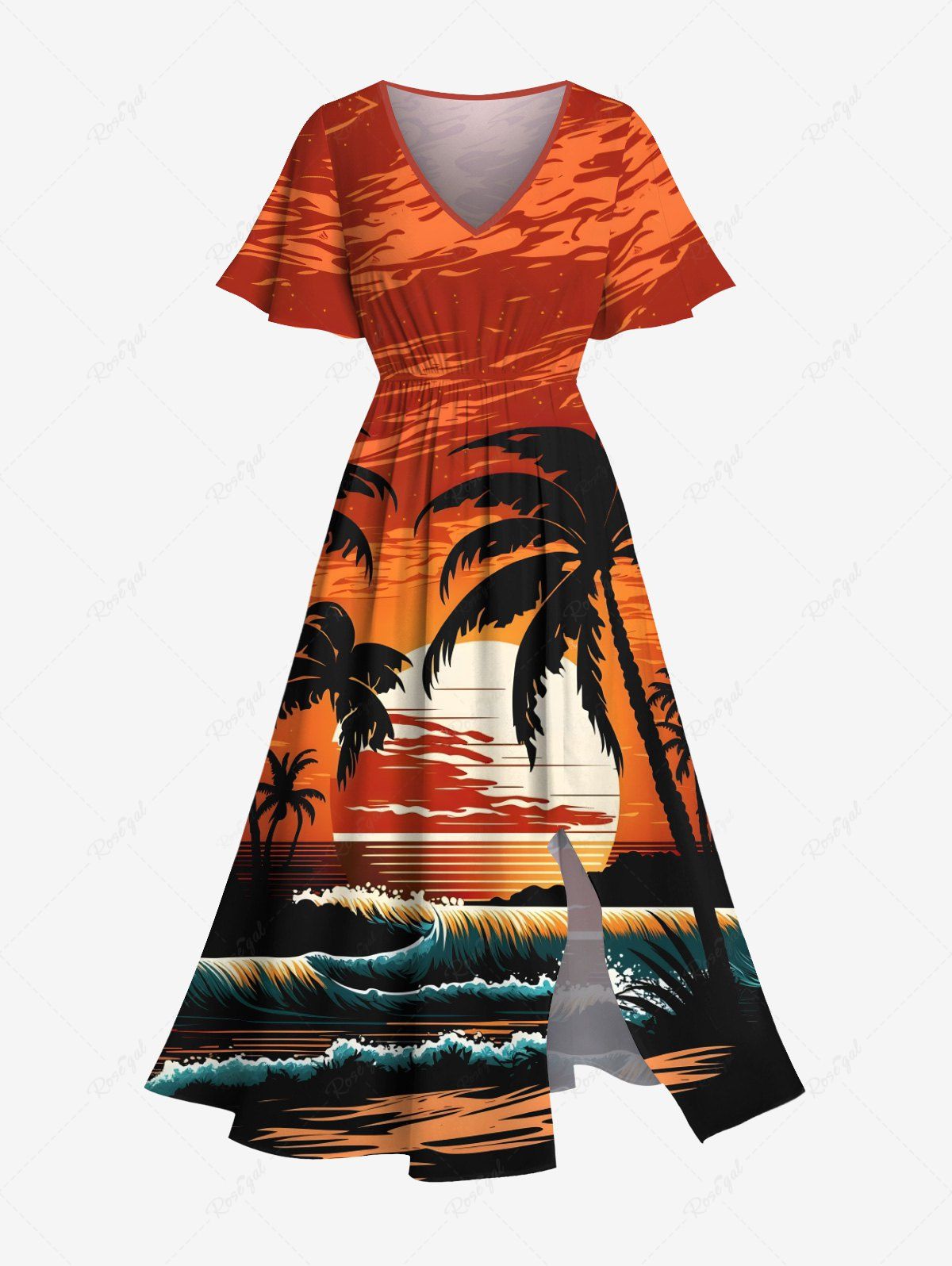 Robe mi-longue hawaïenne fendue grande taille à imprimé cocotiers, soleil et vagues Rouge 6X
