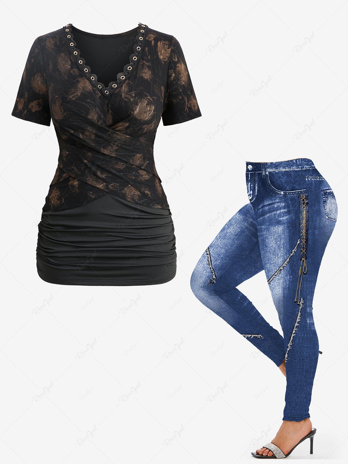 Outfits Tie Dye Flower Graphic Crossover Ruched Top and 3D Denim Topstitching Print Leggings Plus Size Outfit  