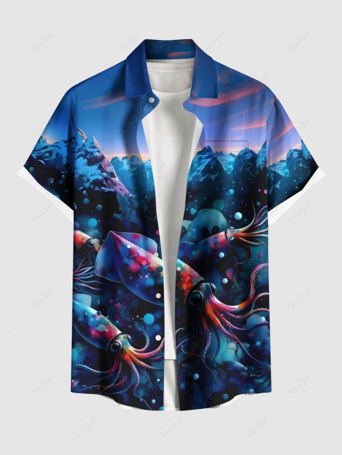 Chemise grande taille à imprimé calmar et montagne, créatures marines hawaïennes, ombrée, avec poches boutonnées, pour homme Bleu XL