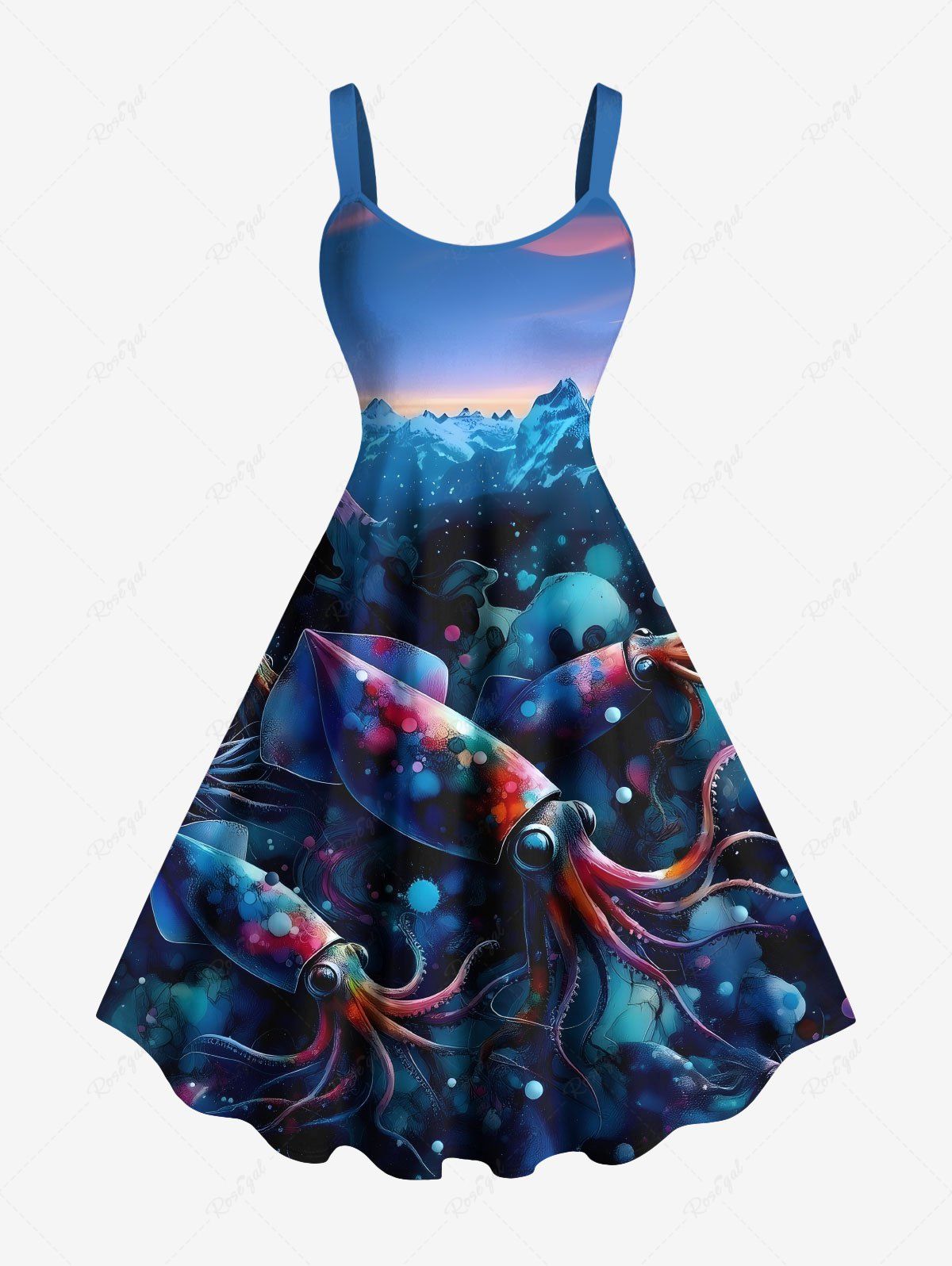 Robe débardeur trapèze grande taille à imprimé calmar et montagnes hawaïennes Bleu profond XXS
