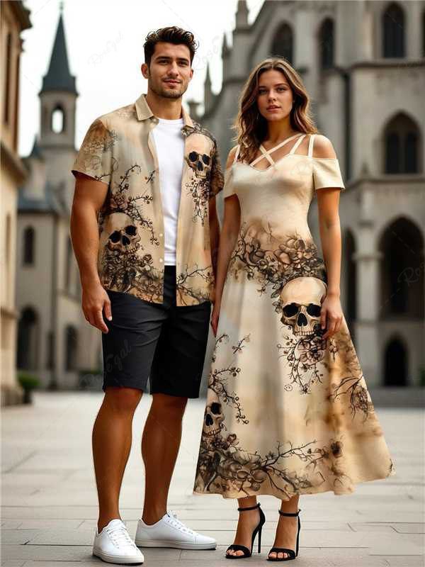 Shop Skulls Flowers Leaf Print Plus Size Matching Beach Outfit For Couples  