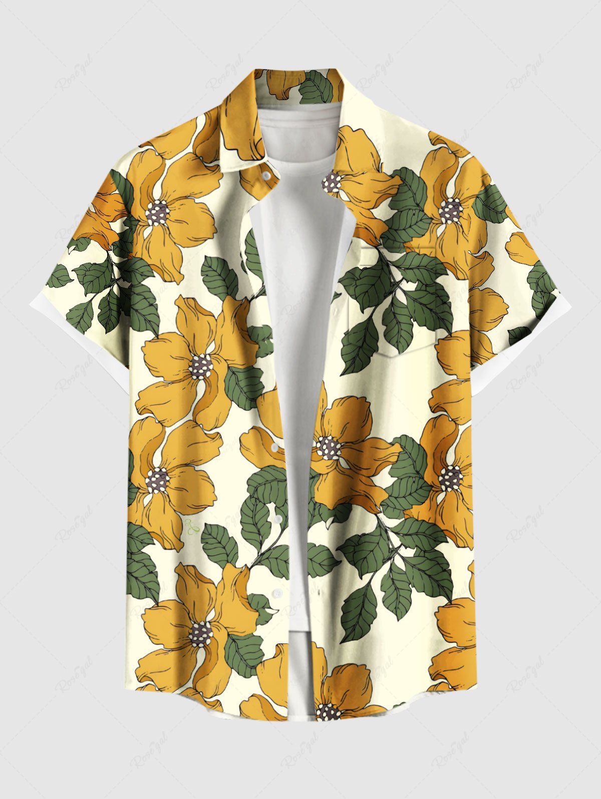 Unique Plus Size Flower Leaf Print Hawaii Button Pocket Shirt For Men  