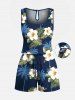 Matching Hawaii Shirt and Romper Plus Size Beach Outfit Coconut Tree Tropical Leaf Hibiscus Flower Print For Couples -  