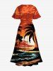 Robe mi-longue hawaïenne fendue grande taille à imprimé cocotiers, soleil et vagues - Rouge 6X