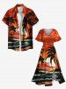Robe mi-longue hawaïenne fendue grande taille à imprimé cocotiers, soleil et vagues - Rouge 6X