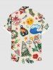 Chemise hawaïenne grande taille à imprimé coquillages, sirène, soleil, voilier, poulpe, vagues, boutons et poches pour homme - Beige 4XL