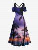 Robe longue grande taille à imprimé galaxie crépuscule et cocotiers, style hawaïen, épaules dénudées et croisée, coupe trapèze. - Pourpre  2X