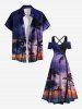 Robe longue grande taille à imprimé galaxie crépuscule et cocotiers, style hawaïen, épaules dénudées et croisée, coupe trapèze. - Pourpre  2X
