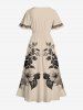 Robe mi-longue trapèze grande taille à imprimé ethnique hawaïen, motif hibiscus, feuilles et branches - Abricot 4X