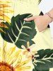 Plus Size Sunflower Leaf Branch Print Hawaii Split Pocket A Line Midi Dress -  