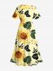 Plus Size Sunflower Leaf Branch Print Hawaii Split Pocket A Line Midi Dress -  