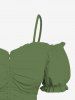 Plus Size Cold Shoulder Puff Sleeve Cinched Solid Top -  