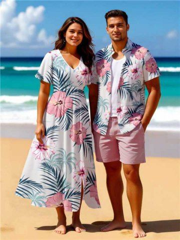 Hibiscus Flowers Tropical Leaf Print Plus Size Matching Hawaii Beach Outfit For Couples - WHITE