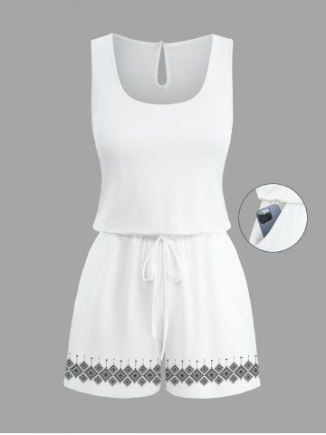 Plus Size Ethnic Pattern Tribal Print Cinched Hawaii Romper - WHITE - 1X