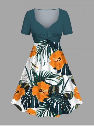 Plus Size Tropcial Leaf Hibiscus Flowers Print Cinched Hawaii Dress - GREEN - XXS