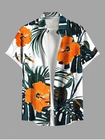 Plus Size Tropcial Leaf Hibiscus Flowers Print Buttons Pocket Hawaii Shirt For Men - WHITE - 4XL