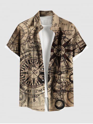 Plus Size Travel Sea Nautical Compass Cruise Print Buttons Pocket Hawaii Shirt For Men - COFFEE - XL