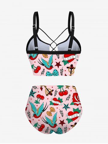 Bird Cherry Heart Anchor Bowknot Cruise Print Hawaii Lace Up Tankini Top(Adjustable Shoulder Strap)