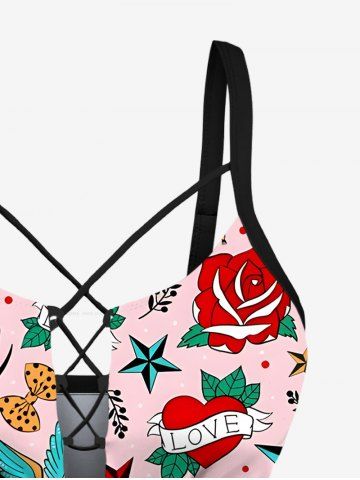 Bird Cherry Heart Anchor Bowknot Cruise Print Hawaii Lace Up Tankini Top(Adjustable Shoulder Strap)