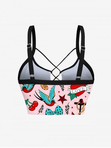 Bird Cherry Heart Anchor Bowknot Cruise Print Hawaii Lace Up Tankini Top(Adjustable Shoulder Strap)