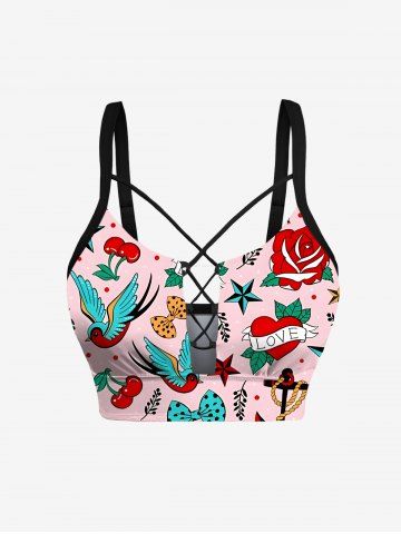 Bird Cherry Heart Anchor Bowknot Cruise Print Hawaii Lace Up Tankini Top(Adjustable Shoulder Strap) - LIGHT PINK - L