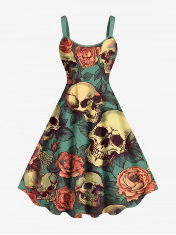 Plus Size Skulls Rose Flowers Leaf Print Hawaii Tank Dress - GREEN - XXS