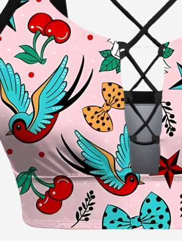 Bird Cherry Heart Anchor Bowknot Cruise Print Hawaii Lace Up Tankini Top(Adjustable Shoulder Strap)