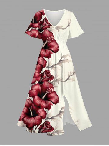 Plus Size Hibiscus Flowers Tropical Print Split Hawaii Midi Dress - CRYSTAL CREAM - L