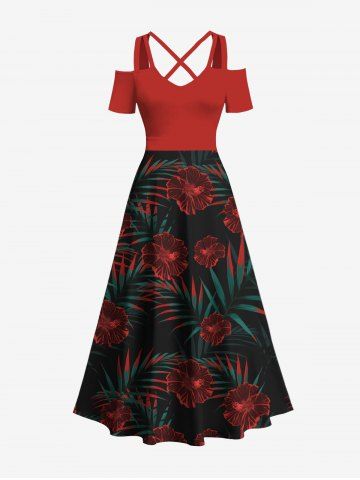Plus Size Tropical Leaf Hibiscus Flowers Print Cold Shoulder Crisscross Hawaii Maxi Dress - RED - 6X