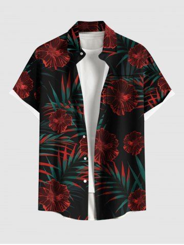 Plus Size Tropical Leaf Hibiscus Flowers Print Buttons Pocket Hawaii Shirt For Men - BLACK - 4XL
