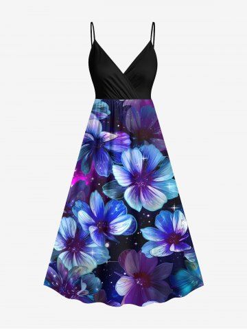 Plus Size Flowers Galaxy Star Print Surplice Hawaii Cami Dress - BLACK - 6X