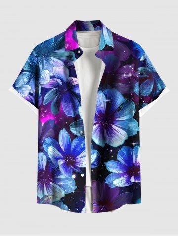 Plus Size Flowers Galaxy Star Print Buttons Pocket Hawaii Shirt For Men - BLACK - 4XL