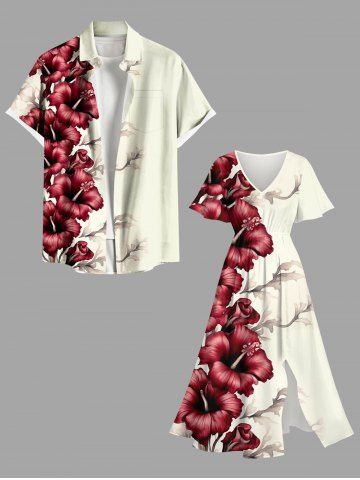 Hibiscus Flowers Tropical Print Plus Size Matching Hawaii Beach Outfit For Couples - CRYSTAL CREAM