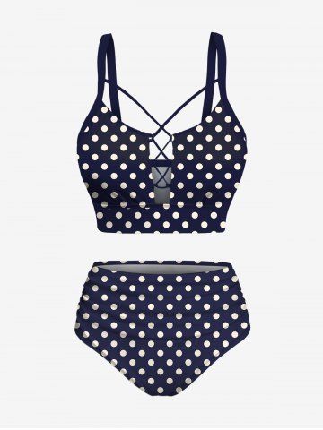 Plus Size Polka Dots Print Lace Up Panel Tankini Swimsuit - DEEP BLUE - XXS