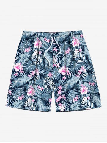 Plus Size Tropical Leaf Hibiscus Flowers Print Hawaii Beach Shorts For Men - BLACK - 7XL