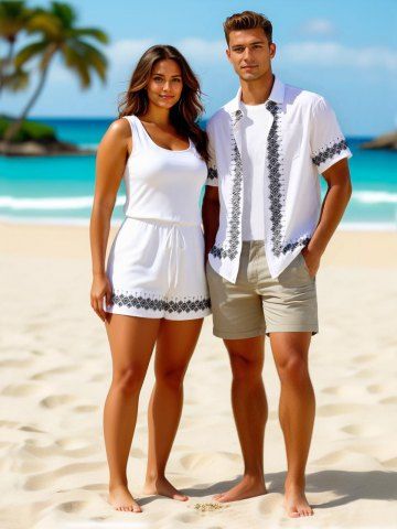 Matching Hawaii Shirt and Romper Plus Size Beach Outfit Ethnic Pattern Tribal Printed for Couples - WHITE