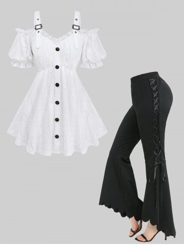 Jacquard Embroidery Pointelle Hollow Out Top and Lace Up Scalloped Asymmetric Flare Pants Plus Size Outfit - WHITE