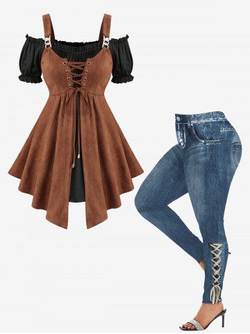 Lace Up Two Tone 2 in 1 Top and 3D Ombre Denim Print Leggings Plus Size Outfit - COFFEE